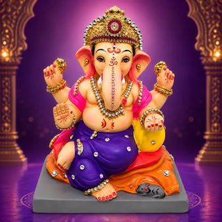 Diamond work Ganesh idol 10 inch in amethyst and saffron holding modak — eco-friendly shadu mitti murti made in Pen | Sanskruti Emporium Australia