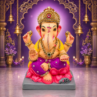 Diamond work Ganesh idol 10 inch on a pink lotus seat in magenta and gold — eco-friendly shadu mitti murti from Pen | Sanskruti Emporium Australia