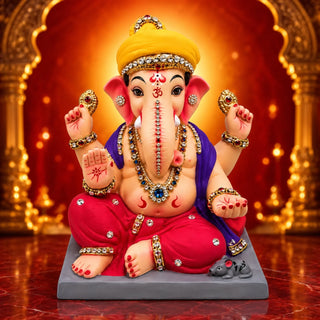 Diamond work Ganesh idol 15 inch with marigold pheta and crimson dhoti — eco-friendly shadu mitti murti from Pen | Sanskruti Emporium Australia