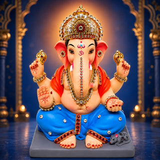 Diamond work Ganesh idol 15 inch in coral and azure with jewelled gold mukut — eco-friendly shadu mitti murti made in Pen | Sanskruti Emporium