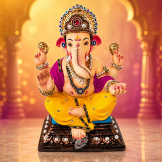 Ganesh idol 15 inch with navratna jewelled mukut and pearl-studded carved base — eco-friendly shadu mitti murti made in Pen | Sanskruti Emporium