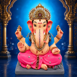 Diamond work Ganesh idol 15 inch in rose pink and sapphire with jewelled crown — eco-friendly shadu mitti murti from Pen | Sanskruti Emporium Australia
