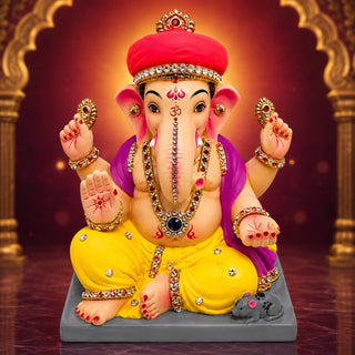 Diamond work Ganesh idol 8 inch with ruby pheta and saffron dhoti — eco-friendly shadu mitti murti hand-made in Pen | Sanskruti Emporium Australia