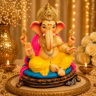 Maysoori Ganesh idol 20 inch in rose pink and marigold on turquoise cushion — eco-friendly shadu mitti murti from Pen | Sanskruti Emporium Australia
