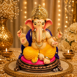 Maysoori Ganesh idol 20 inch in amethyst and gold on a rose cushion with carved copper base — eco-friendly shadu mitti murti from Pen | Sanskruti Emporium