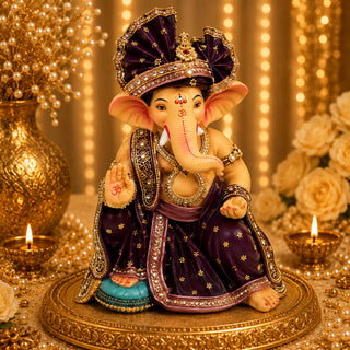 Plum velvet Feta Ganesh idol 22 inch in aubergine and gold with double-fan pheta — eco-friendly shadu mitti murti from Pen | Sanskruti Emporium Australia