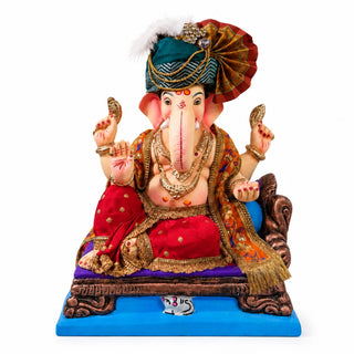 Rajeshahi Feta style Ganesh idol 18 inch with teal zari pheta on a carved throne — eco-friendly shadu mitti murti from Pen | Sanskruti Emporium