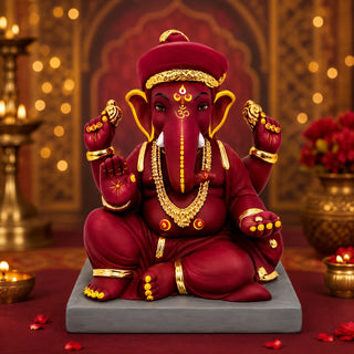 Red clay Ganesh idol 8 inch in traditional maroon and gold — eco-friendly shadu mitti murti hand-made in Pen | Sanskruti Emporium Australia
