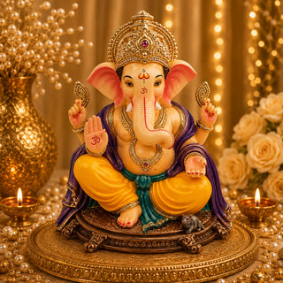 Jewelled Feta style Ganesh idol 22 inch with crystal mukut, amethyst and saffron — eco-friendly shadu mitti murti made in Pen | Sanskruti Emporium