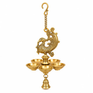 Brass Hanging 5 Diya With Bell