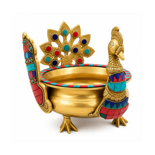 Brass Peacock Urli 8"Stonework