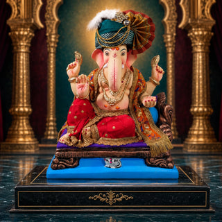 Rajeshahi Feta style Ganesh idol 18 inch with teal zari pheta on a carved throne — eco-friendly shadu mitti murti from Pen | Sanskruti Emporium