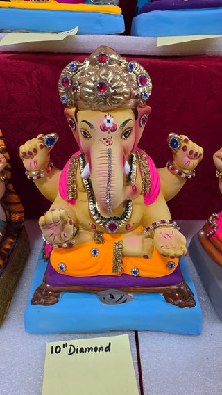 Diamond Work Ganesh Idol 10" - Yellow Dhoti